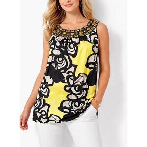 Peter Nygard Women’s L Top Embellished Neckline Yellow Black Floral Sleeveless
